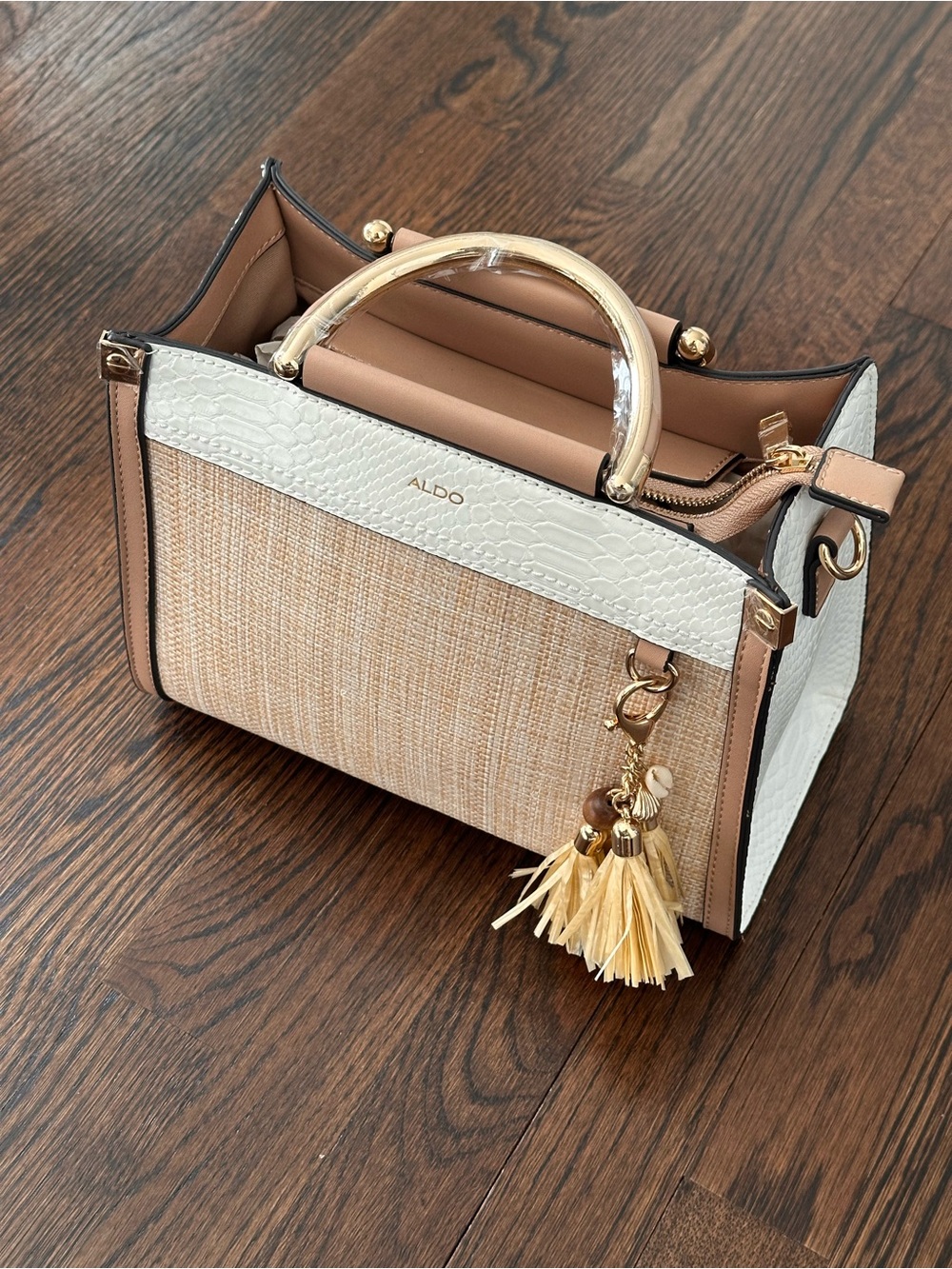 ALDO Beige, White & Tan Straw Satchel with Tassel Charm - Picture 2 of 6